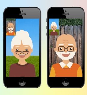 Image of 2 mobile devices each with a smiling face.  Implying a video chat.